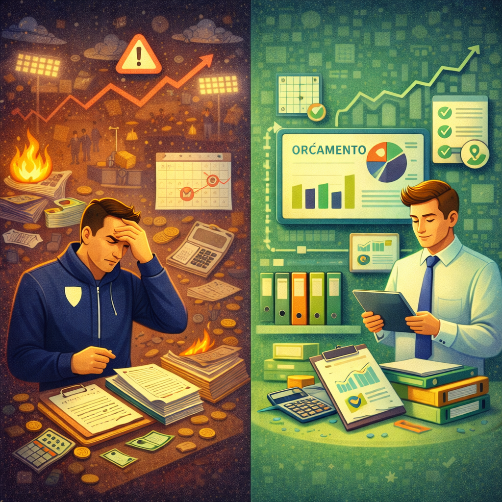 controle de custos na gestão esportiva com contraste entre desorganização financeira e acompanhamento estruturado do orçamento