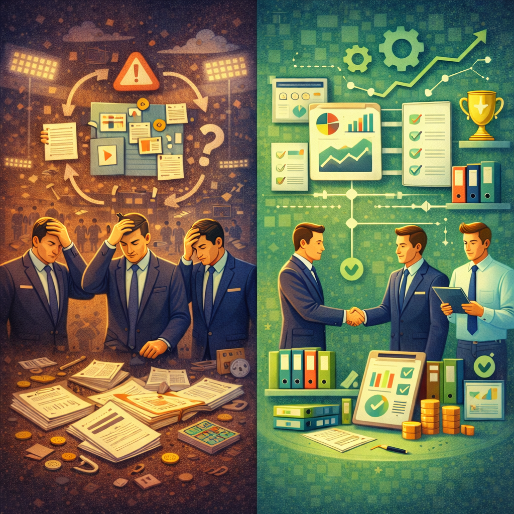 governança esportiva mostrando contraste entre gestão desorganizada com erros repetidos e gestão estruturada com processos e indicadores claros