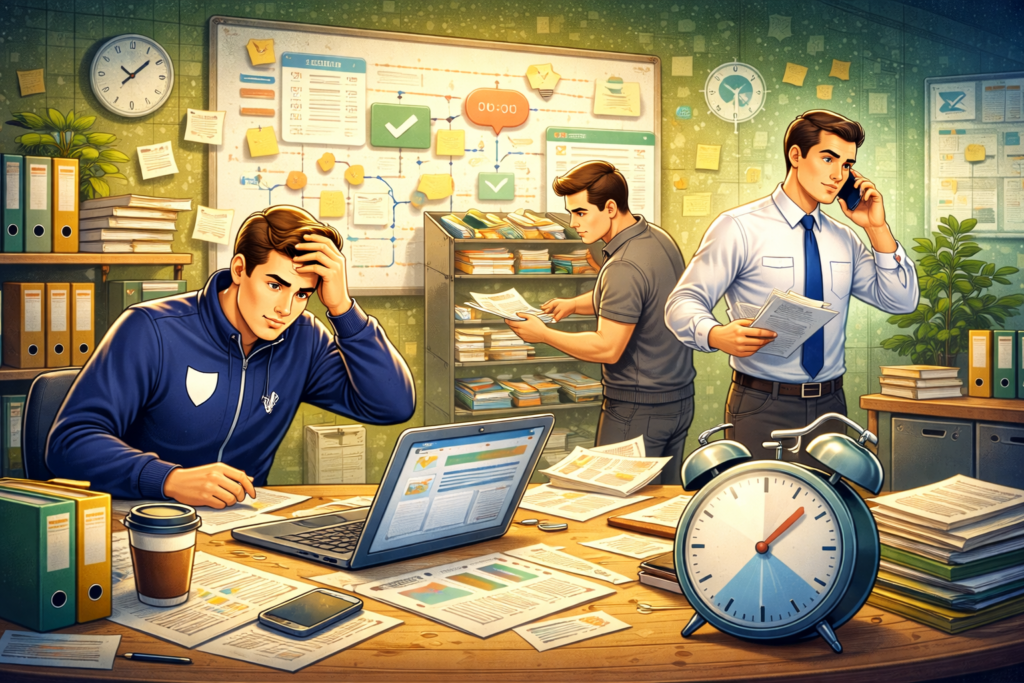 gestão do tempo no esporte com equipe organizada e fluxo eficiente de tarefas em clube esportivo