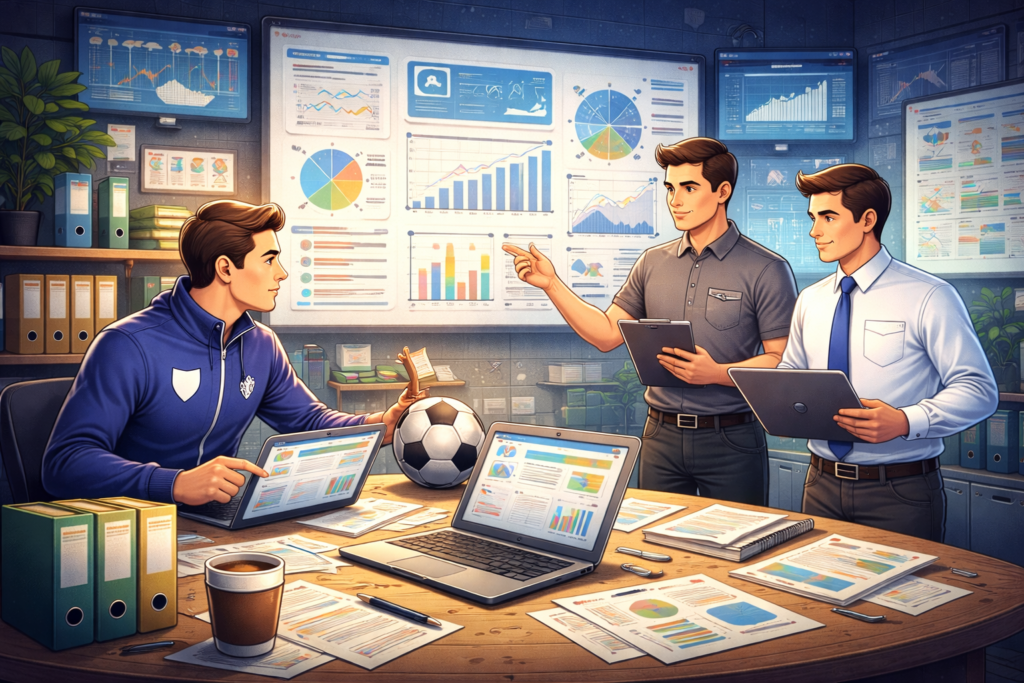 tomada de decisão com análise de dados na gestão esportiva com equipe avaliando indicadores em clube