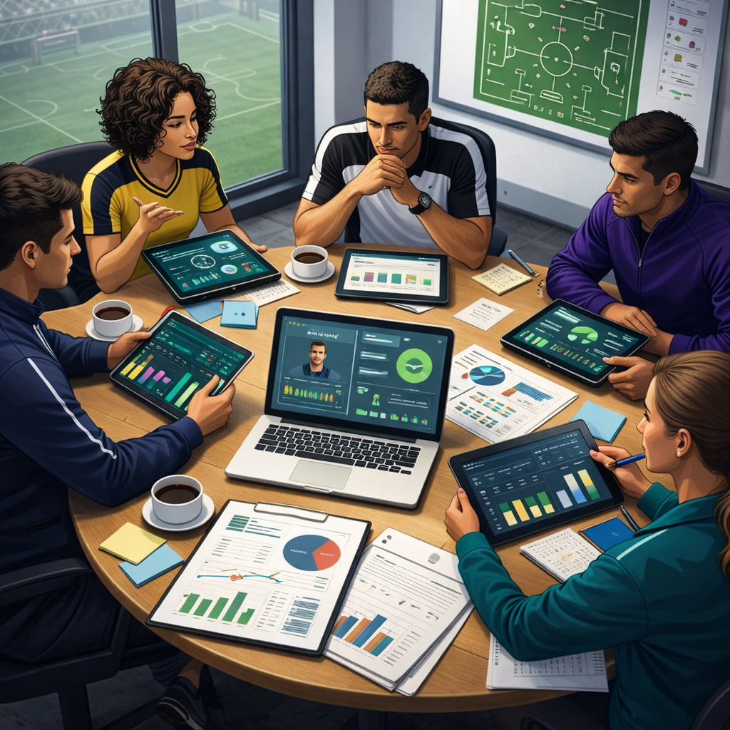 Equipe técnica analisando relatórios esportivos e dashboards de desempenho em reunião estratégica de gestão esportiva.