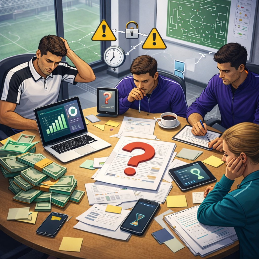 Reunião de gestão esportiva com equipe analisando dashboards, relatórios e indicadores em ambiente profissional de clube.