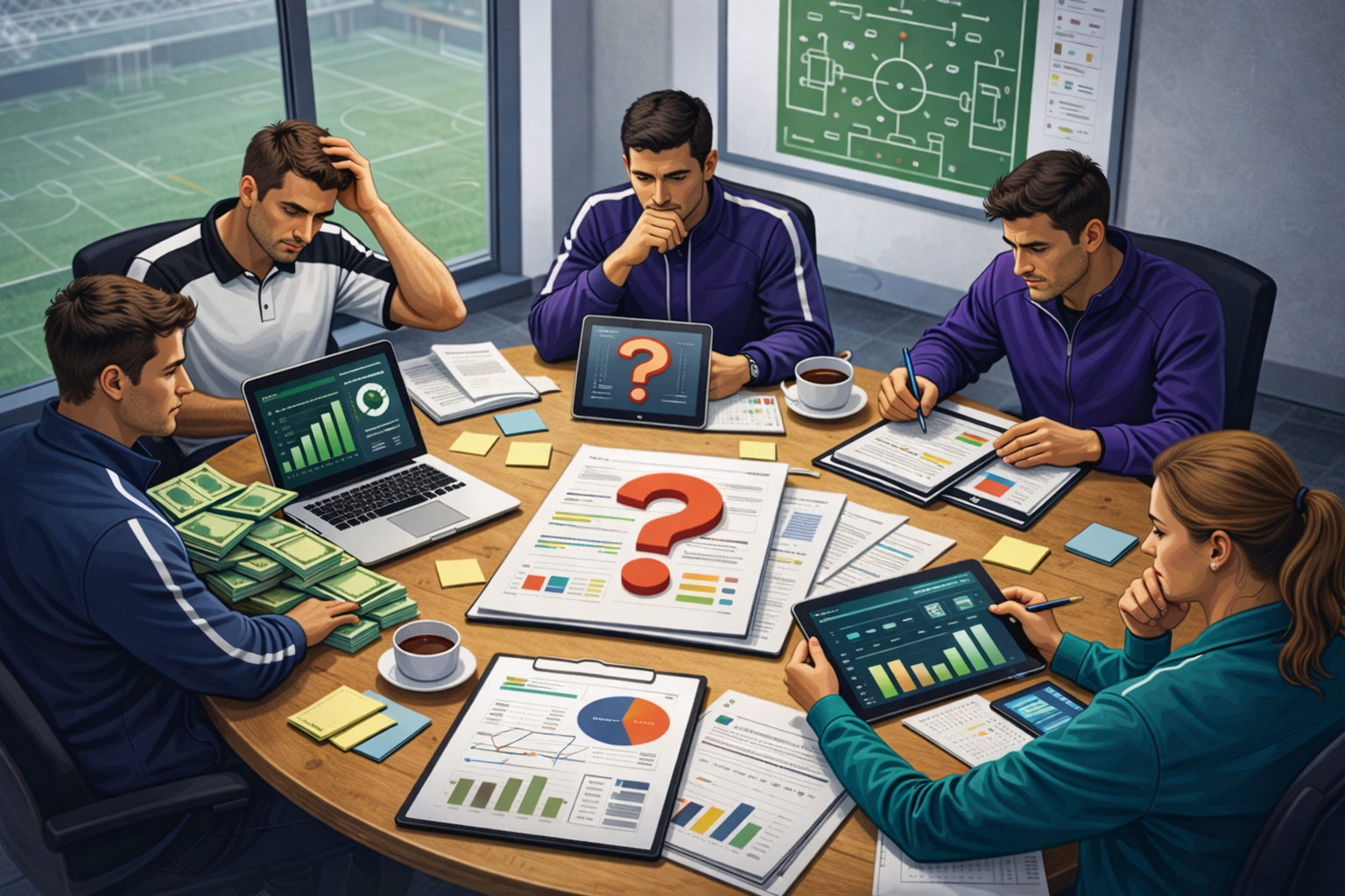 Equipe de gestão esportiva trabalhando com excesso de tarefas e falta de organização em ambiente de clube.