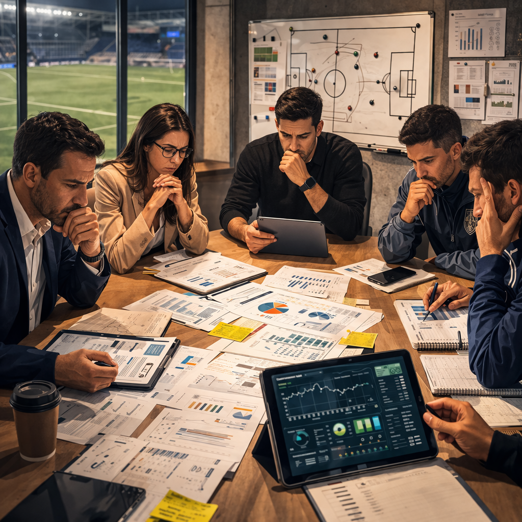 Equipe de gestão esportiva analisando dados e demorando para tomar decisão em reunião de clube.