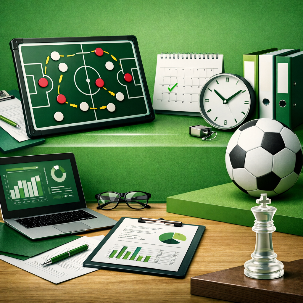 Conceito visual sobre organização interna no clube com composição moderna em fundo verde institucional representando planejamento e controle.