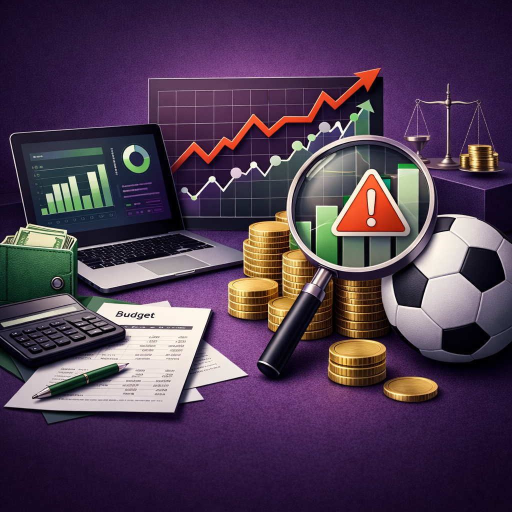Conceito visual sobre controle de custos no clube com gráficos financeiros e elementos de gestão esportiva em fundo roxo institucional.