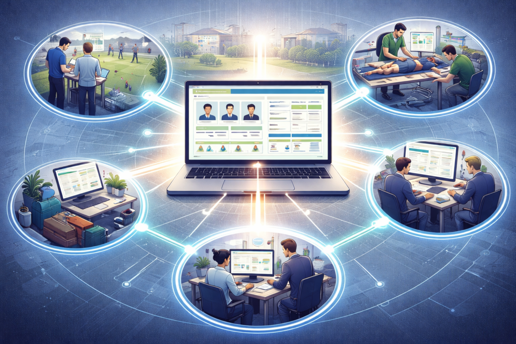 software de gestão esportiva conectando diferentes áreas de um clube em um único sistema