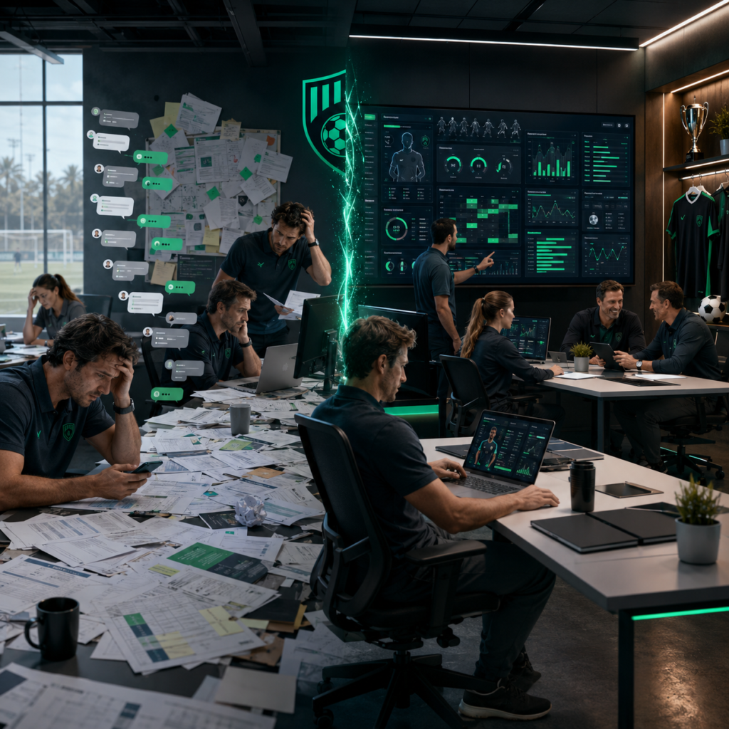 Gestão esportiva com clube identificando processos desorganizados e estruturando a operação