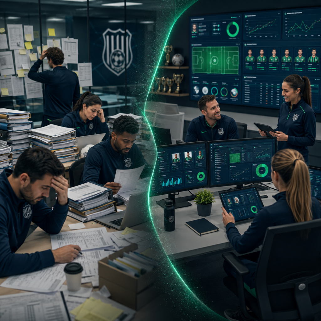 gestao-de-clubes-custo-retrabalho-operacional.webp Gestão de clubes com equipe identificando retrabalho operacional e organizando processos em um sistema esportivo