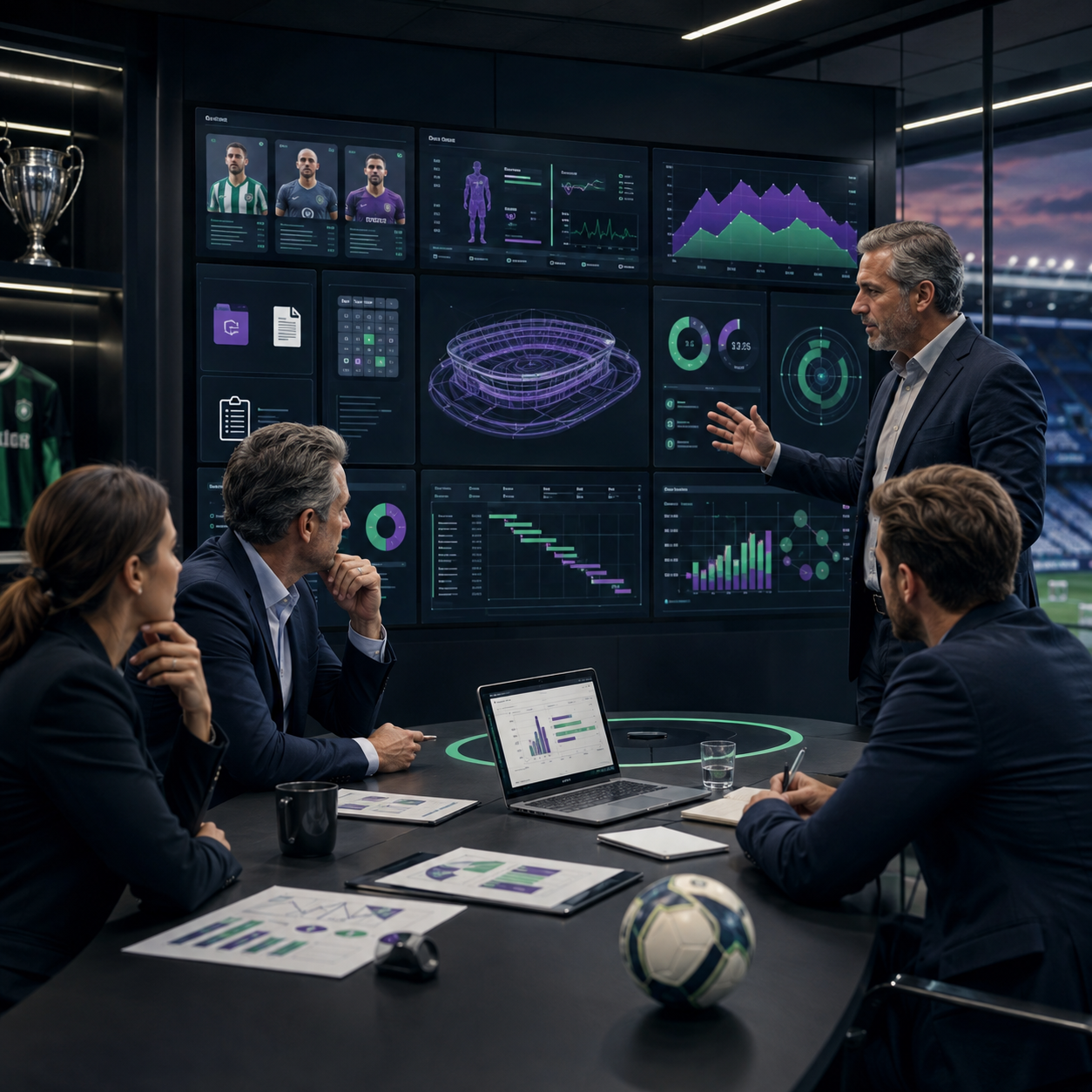 Gestores analisando quanto custa um software para clubes esportivos